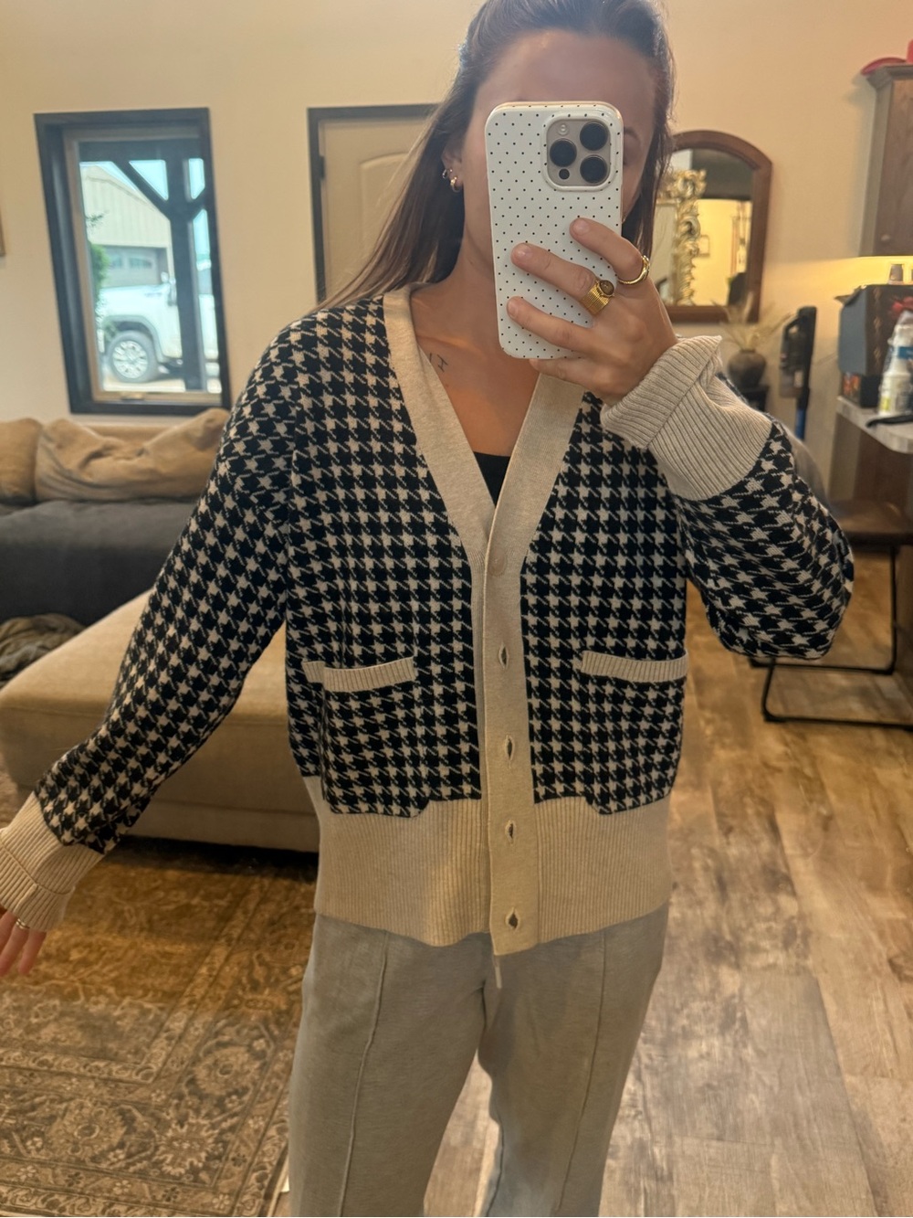 a new day Black and Cream Houndstooth Button-Up Cardigan
